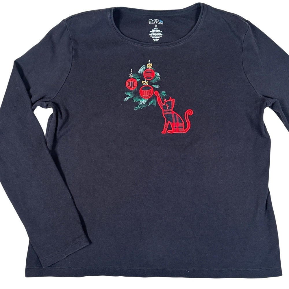 Christmas Cat Long Sleeve Shirt Black Size M Plaid Kitty Kitten Grandmacore